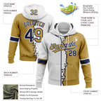 Custom Old Gold Navy-White Split Ripped Pattern Baseball Pullover Sweatshirt Hoodie
