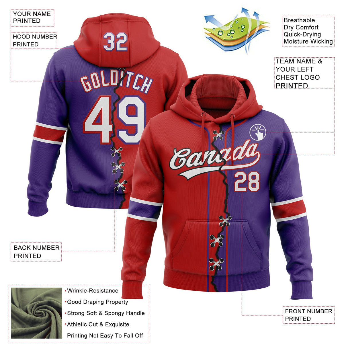 Custom Purple White-Red Split Ripped Pattern Baseball Pullover Sweatshirt Hoodie