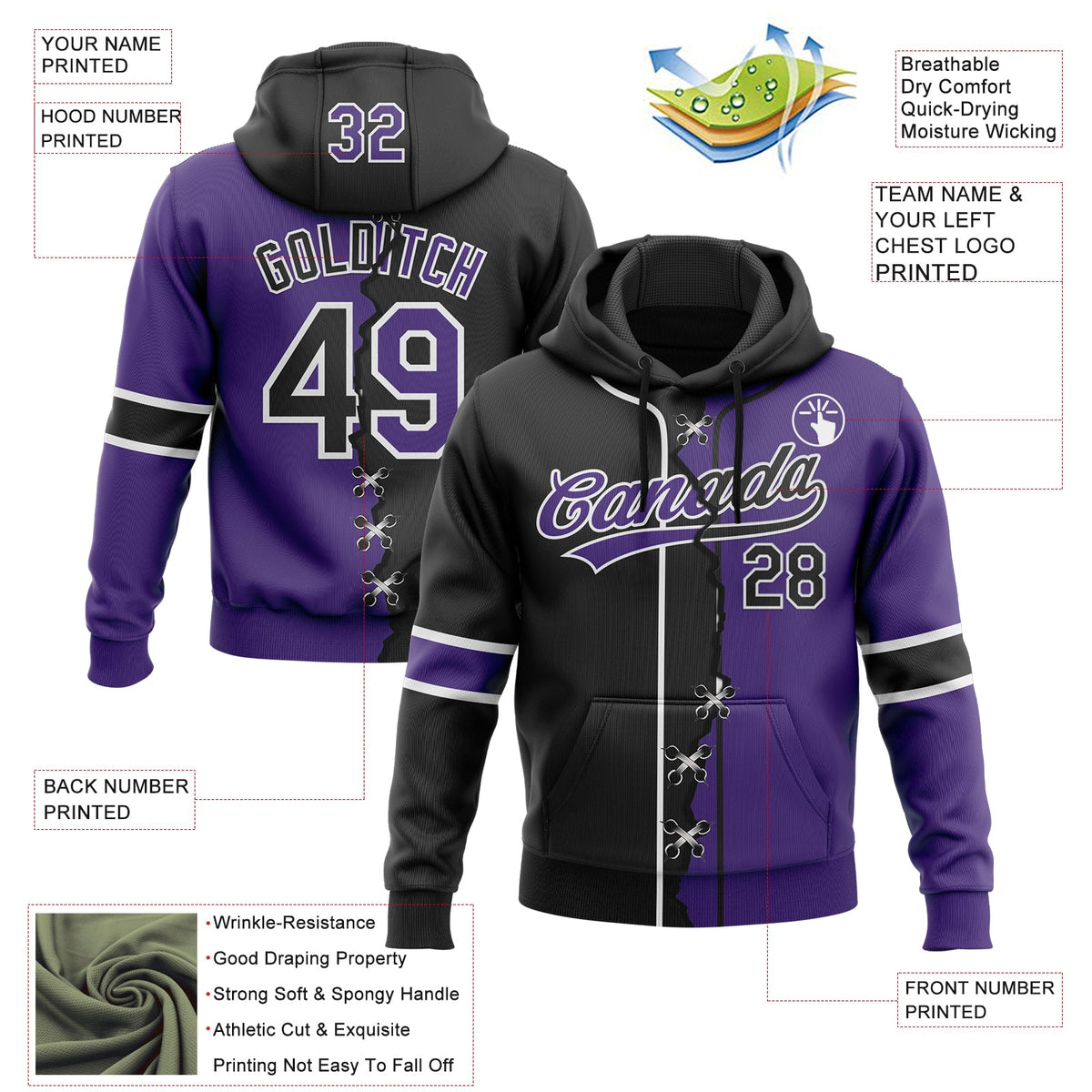 Custom Purple Black-White Split Ripped Pattern Baseball Pullover Sweatshirt Hoodie
