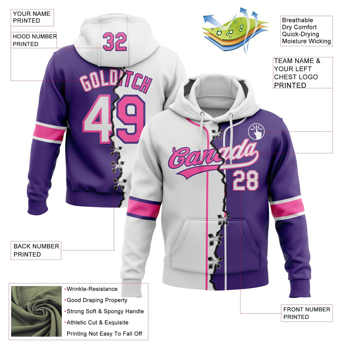 Custom Purple White-Pink Split Ripped Pattern Baseball Pullover Sweatshirt Hoodie