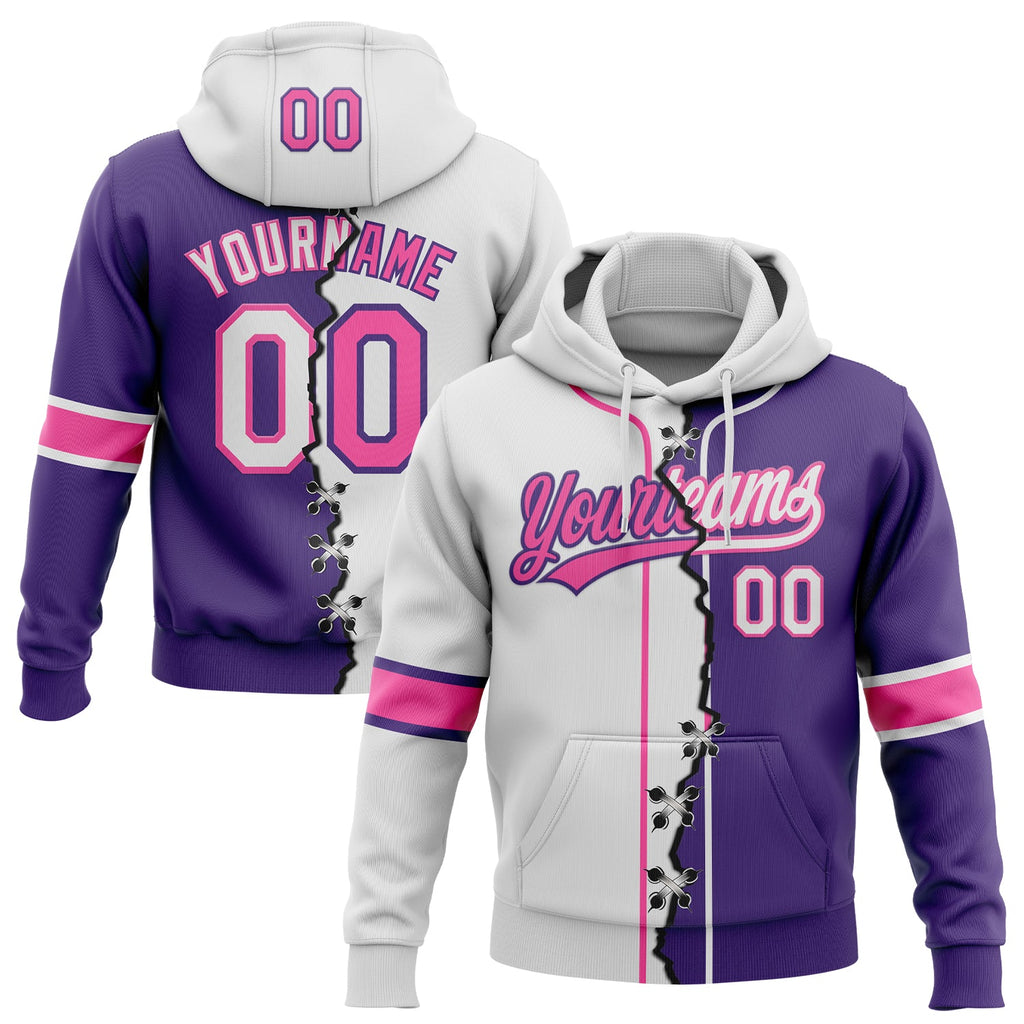 Custom Purple White-Pink Split Ripped Pattern Baseball Pullover Sweatshirt Hoodie