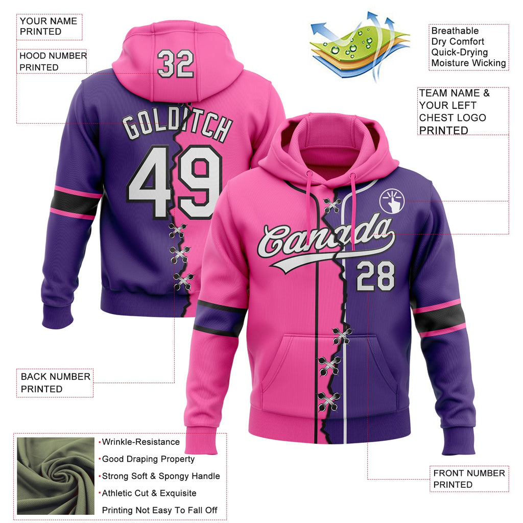 Custom Purple White Pink-Black Split Ripped Pattern Baseball Pullover Sweatshirt Hoodie