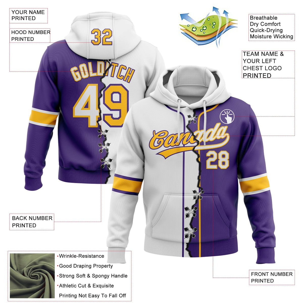 Custom Purple White-Gold Split Ripped Pattern Baseball Pullover Sweatshirt Hoodie