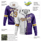 Custom Purple White-Old Gold Split Ripped Pattern Baseball Pullover Sweatshirt Hoodie