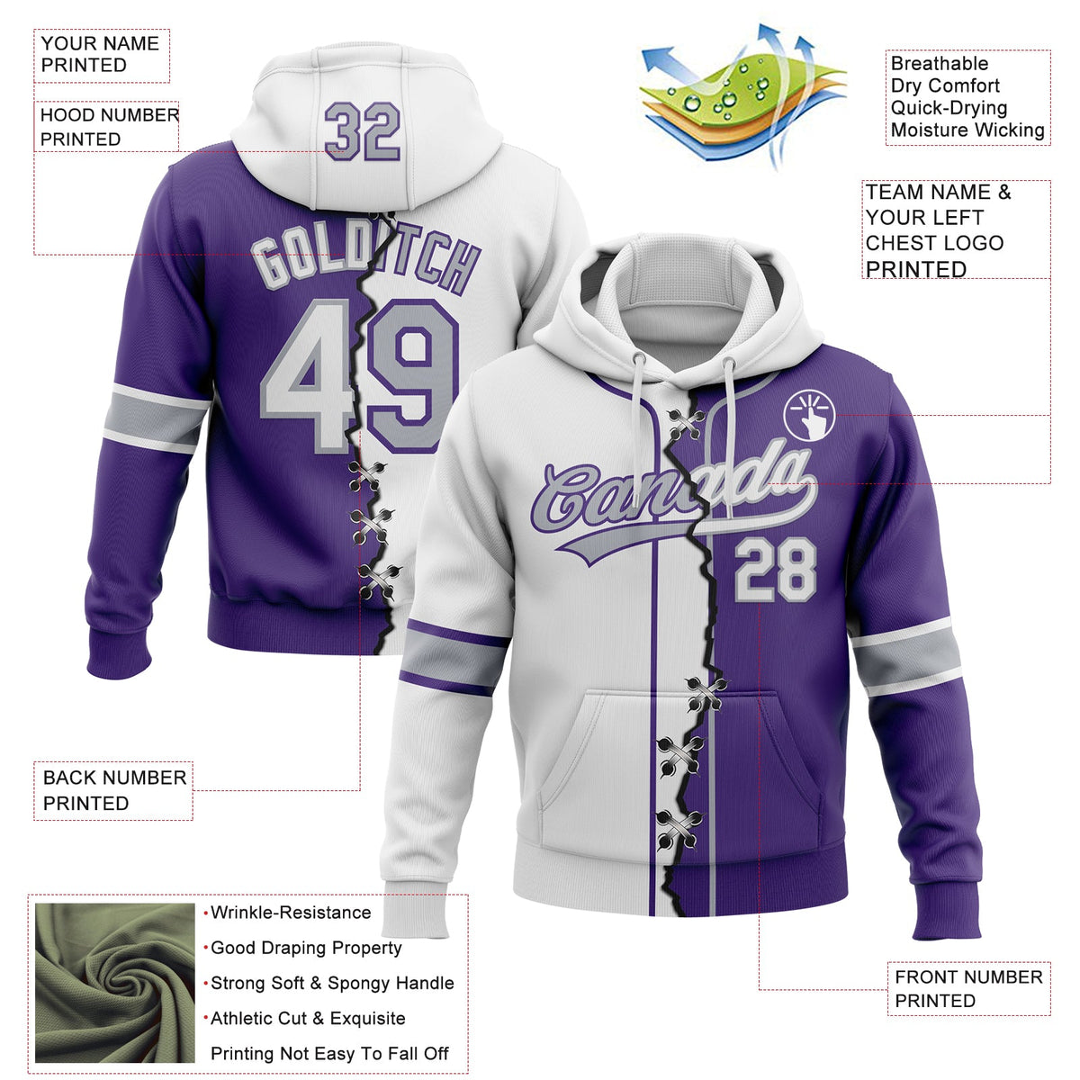 Custom Purple White-Gray Split Ripped Pattern Baseball Pullover Sweatshirt Hoodie
