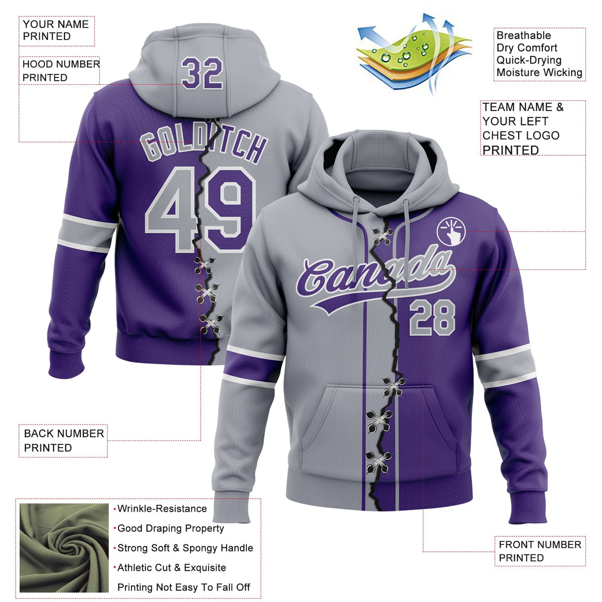 Custom Purple Gray-White Split Ripped Pattern Baseball Pullover Sweatshirt Hoodie