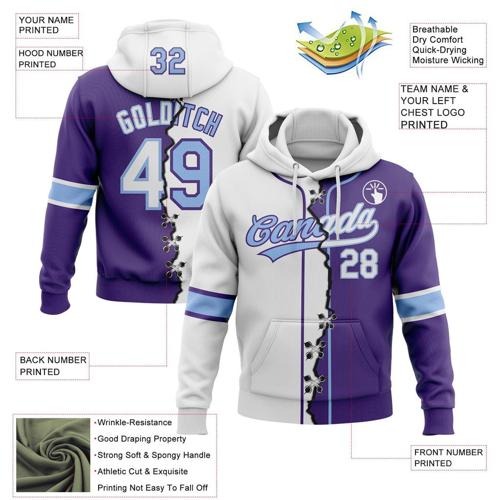 Custom Purple White-Light Blue Split Ripped Pattern Baseball Pullover Sweatshirt Hoodie