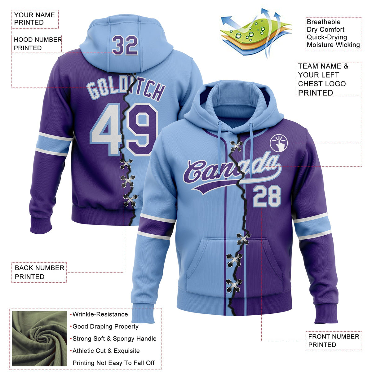Custom Purple White-Light Blue Split Ripped Pattern Baseball Pullover Sweatshirt Hoodie