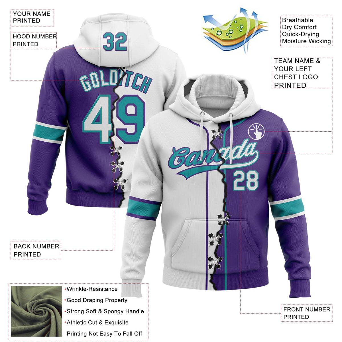 Custom Purple White-Teal Split Ripped Pattern Baseball Pullover Sweatshirt Hoodie