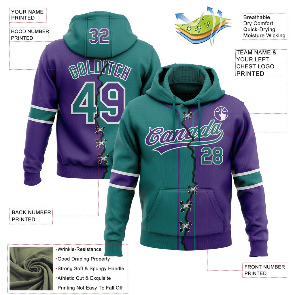 Custom Purple Teal-White Split Ripped Pattern Baseball Pullover Sweatshirt Hoodie