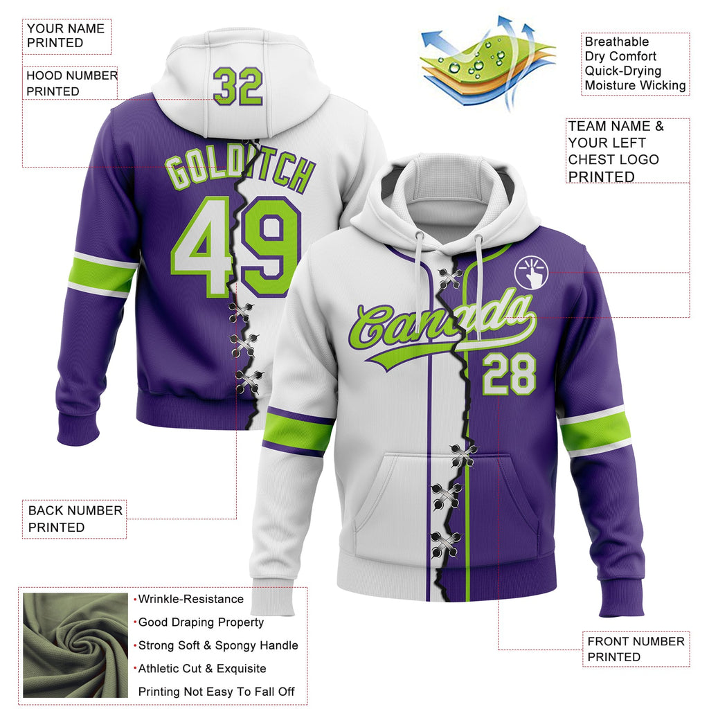 Custom Purple White-Neon Green Split Ripped Pattern Baseball Pullover Sweatshirt Hoodie