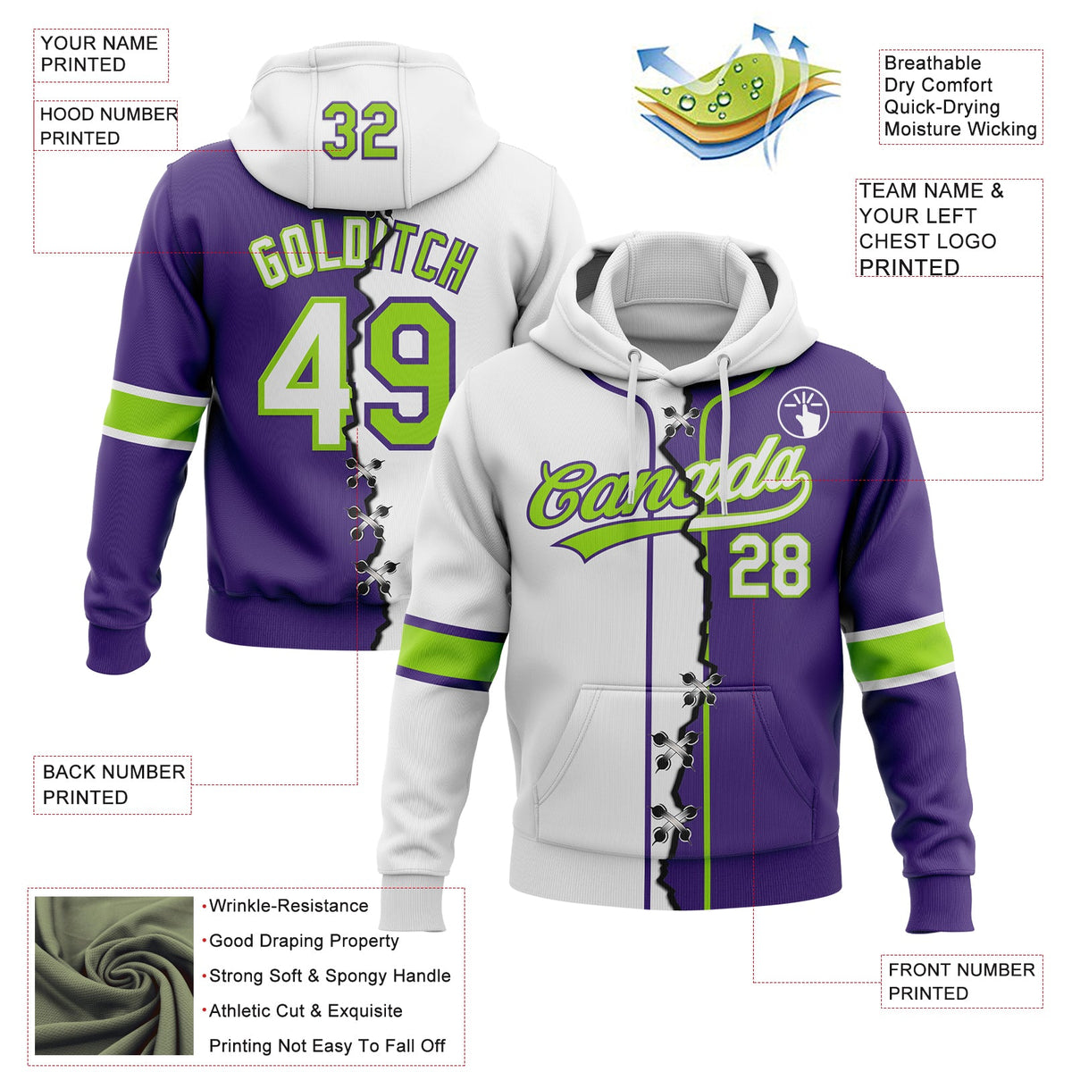 Custom Purple White-Neon Green Split Ripped Pattern Baseball Pullover Sweatshirt Hoodie