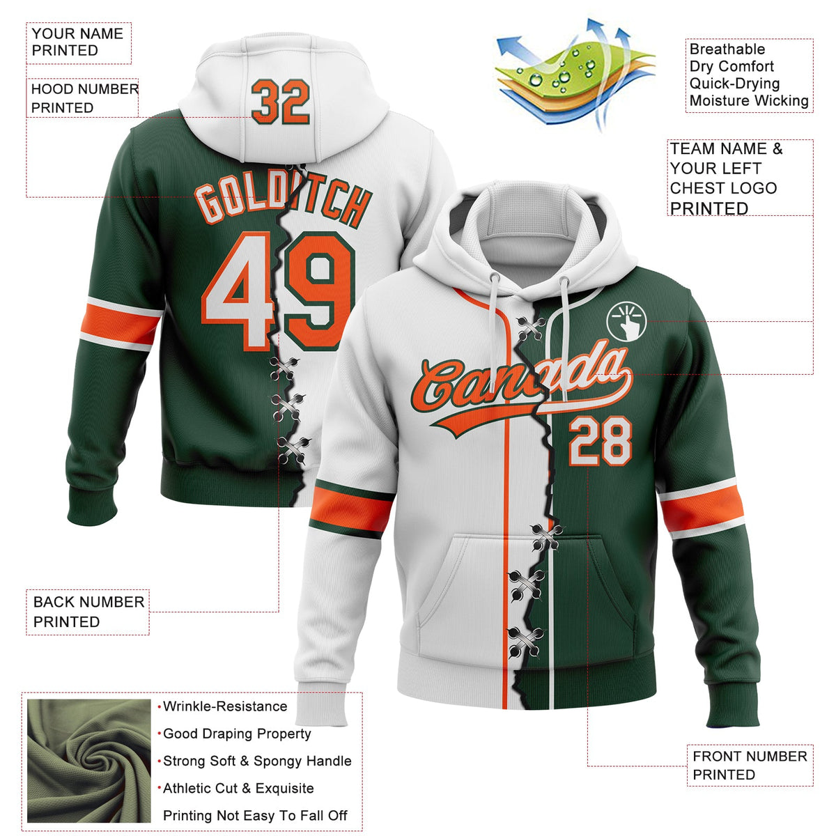Custom Green White-Orange Split Ripped Pattern Baseball Pullover Sweatshirt Hoodie