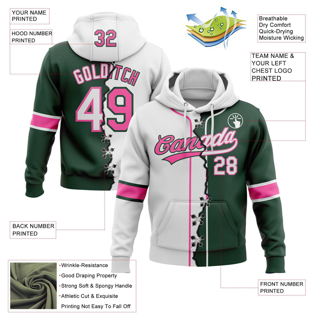 Custom Green White-Pink Split Ripped Pattern Baseball Pullover Sweatshirt Hoodie