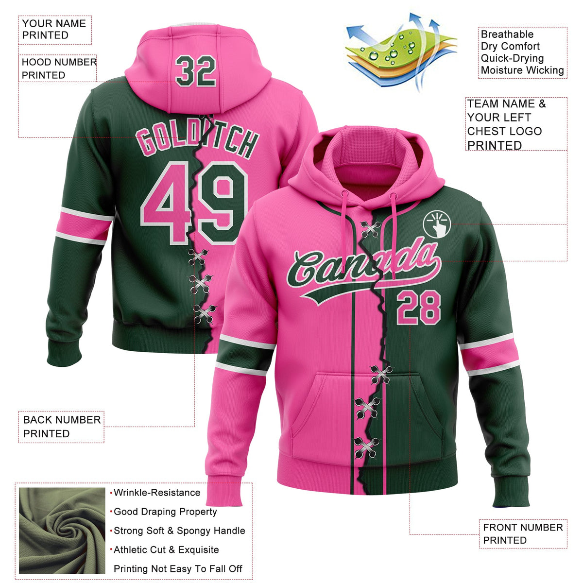 Custom Green Pink-White Split Ripped Pattern Baseball Pullover Sweatshirt Hoodie