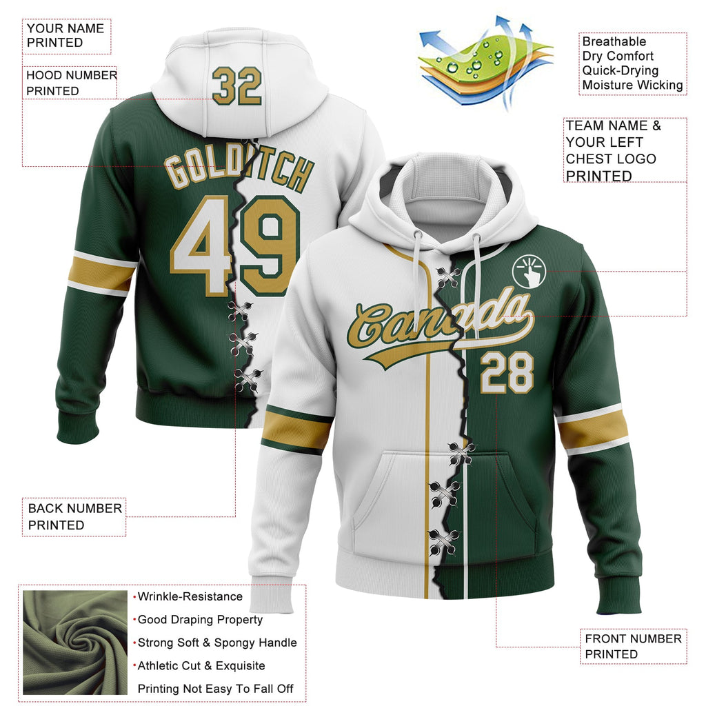 Custom Green White-Old Gold Split Ripped Pattern Baseball Pullover Sweatshirt Hoodie