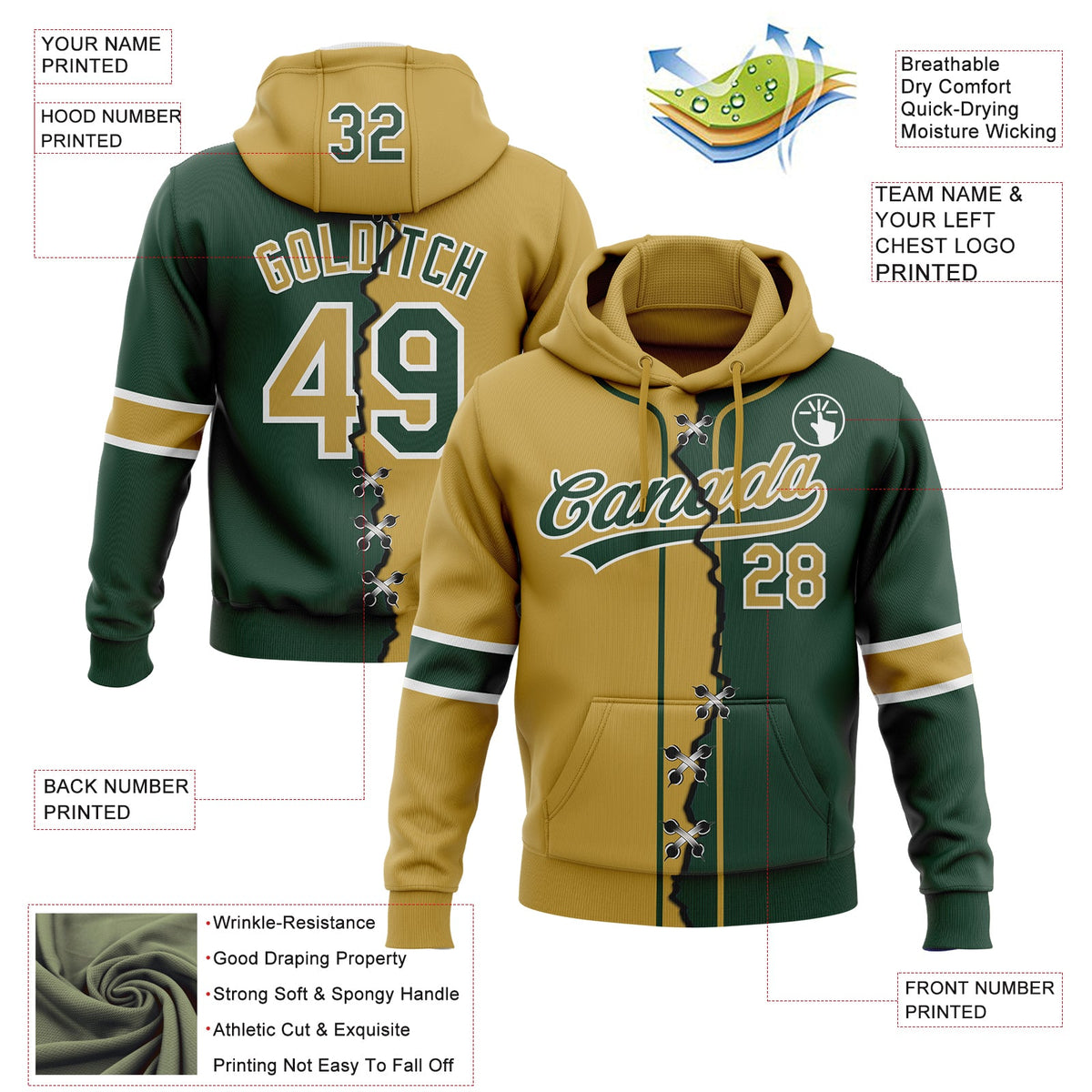Custom Green Old Gold-White Split Ripped Pattern Baseball Pullover Sweatshirt Hoodie