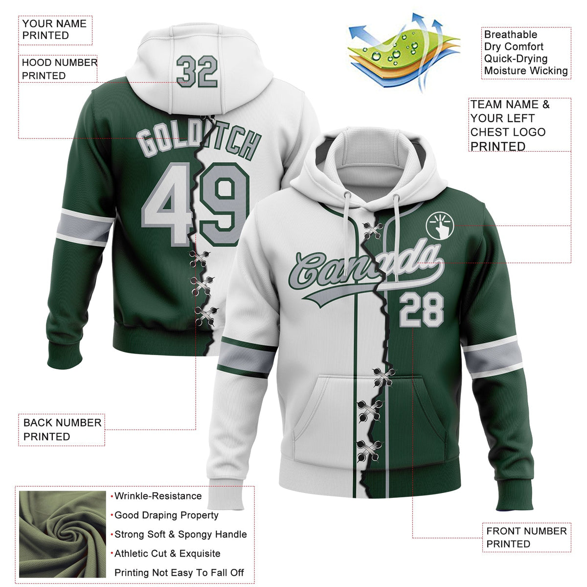 Custom Green White-Gray Split Ripped Pattern Baseball Pullover Sweatshirt Hoodie