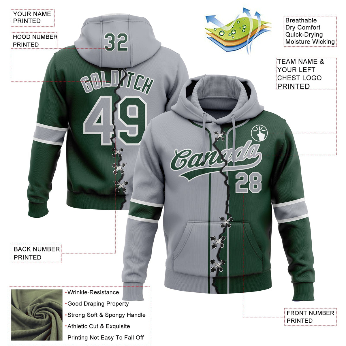 Custom Green Gray-White Split Ripped Pattern Baseball Pullover Sweatshirt Hoodie