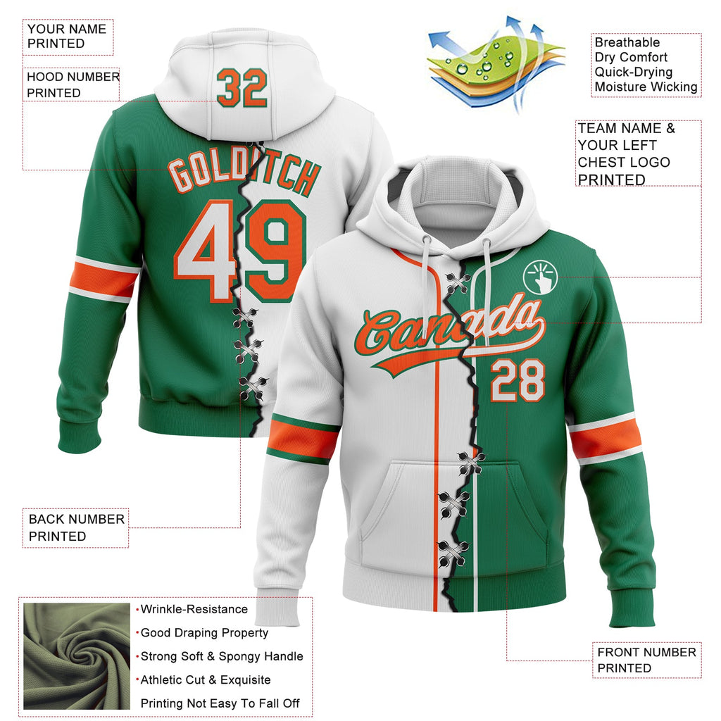 Custom Kelly Green White-Orange Split Ripped Pattern Baseball Pullover Sweatshirt Hoodie