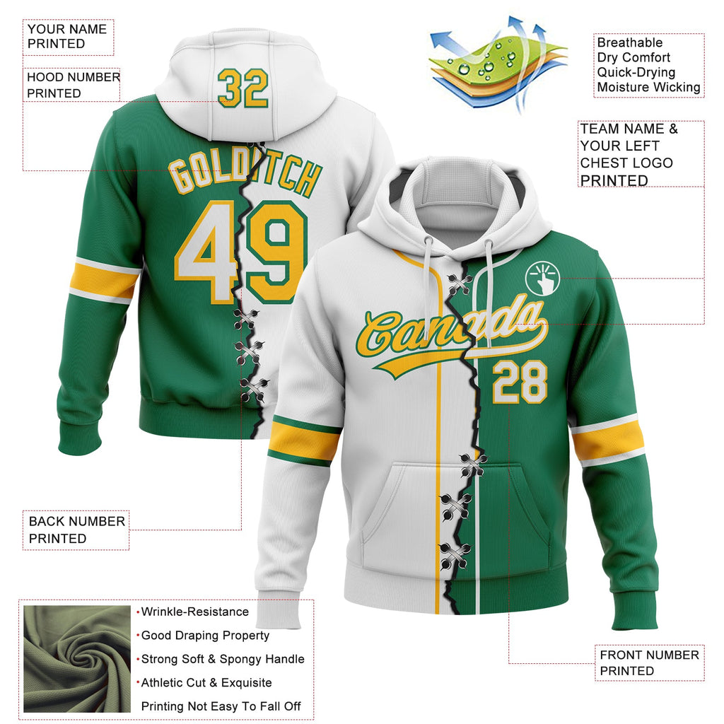 Custom Kelly Green White-Gold Split Ripped Pattern Baseball Pullover Sweatshirt Hoodie