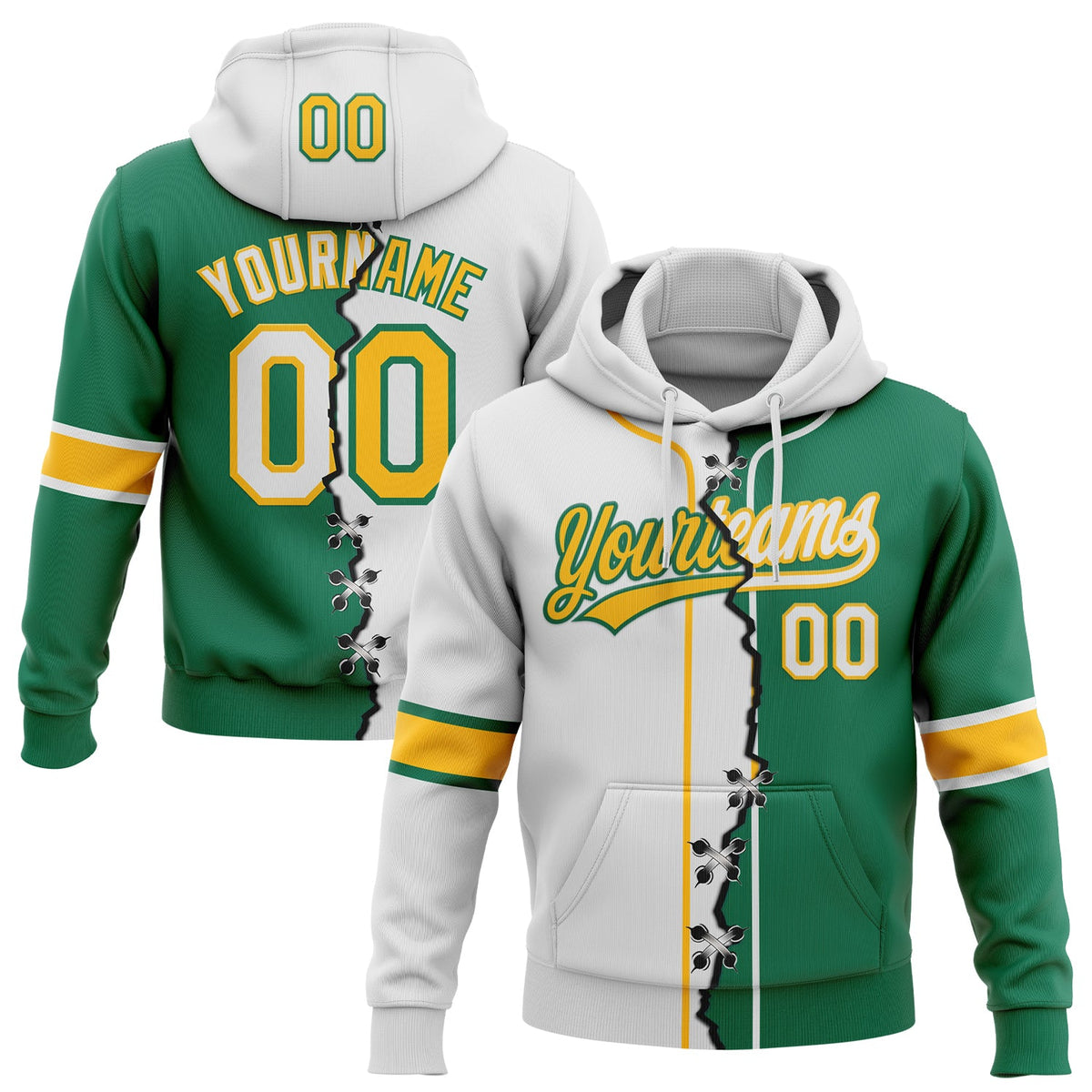 Custom Kelly Green White-Gold Split Ripped Pattern Baseball Pullover Sweatshirt Hoodie