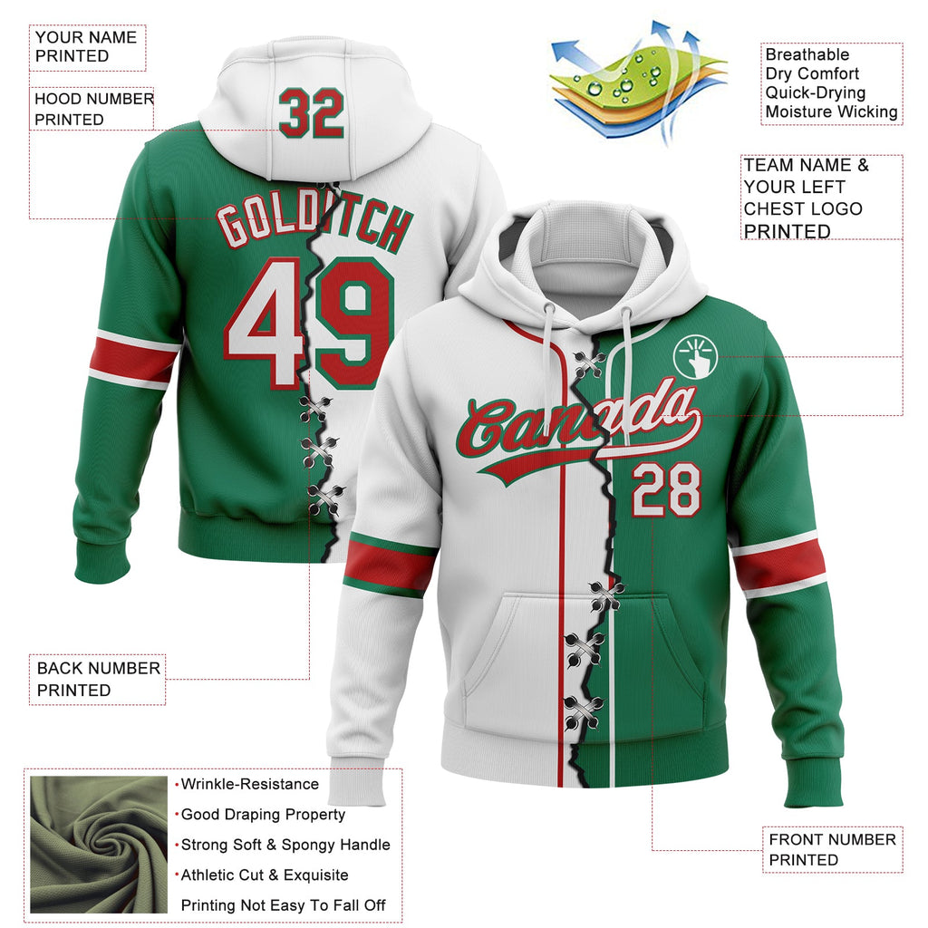 Custom Kelly Green White-Red Split Ripped Pattern Baseball Pullover Sweatshirt Hoodie