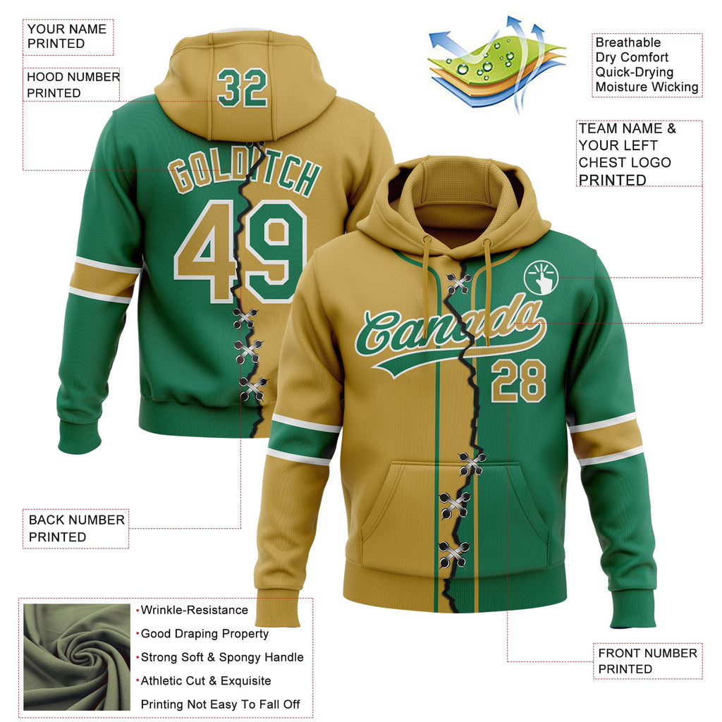 Custom Kelly Green Old Gold-White Split Ripped Pattern Baseball Pullover Sweatshirt Hoodie