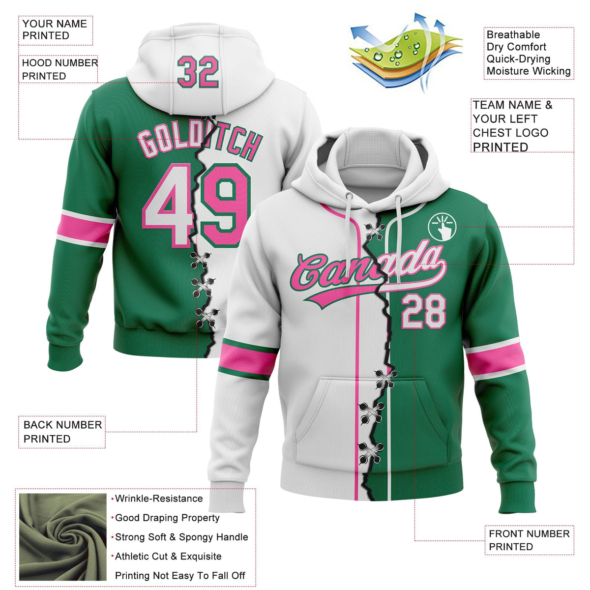 Custom Kelly Green White-Pink Split Ripped Pattern Baseball Pullover Sweatshirt Hoodie