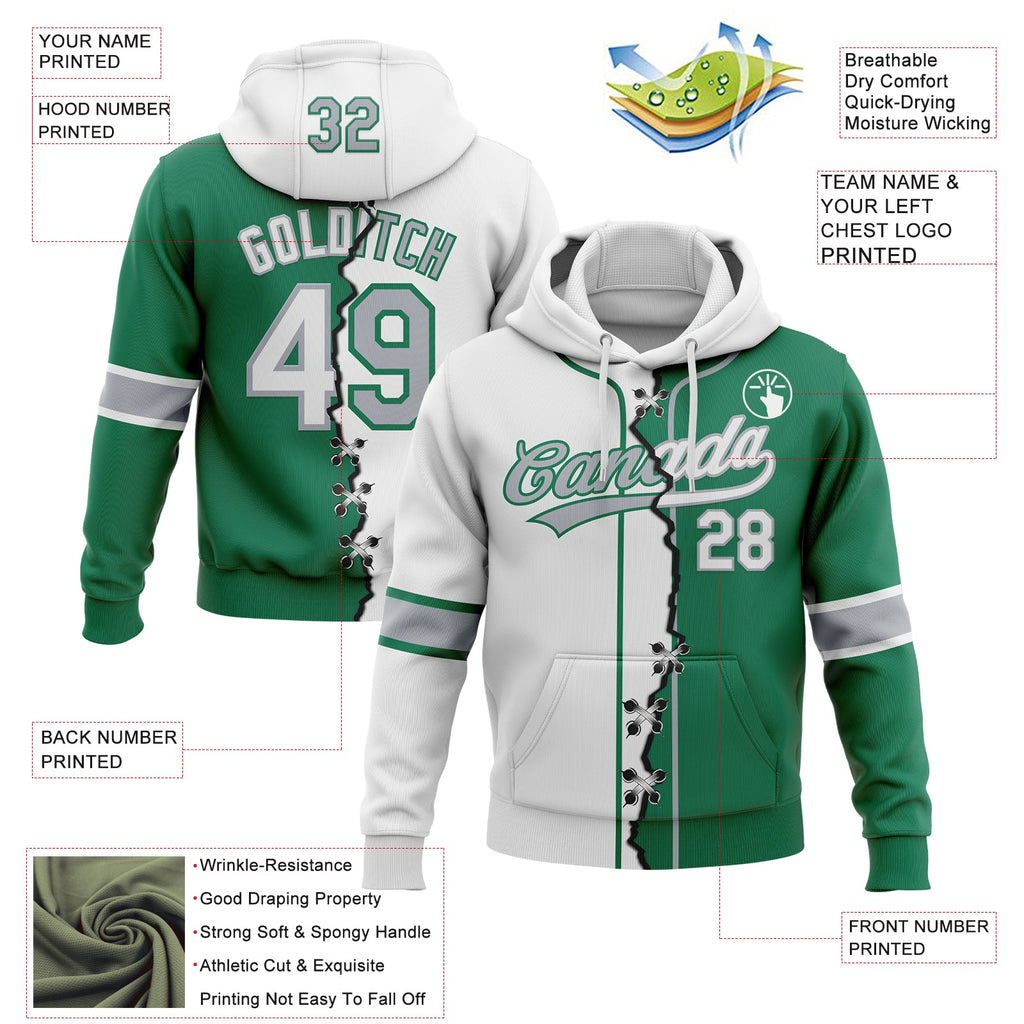 Custom Kelly Green White-Gray Split Ripped Pattern Baseball Pullover Sweatshirt Hoodie