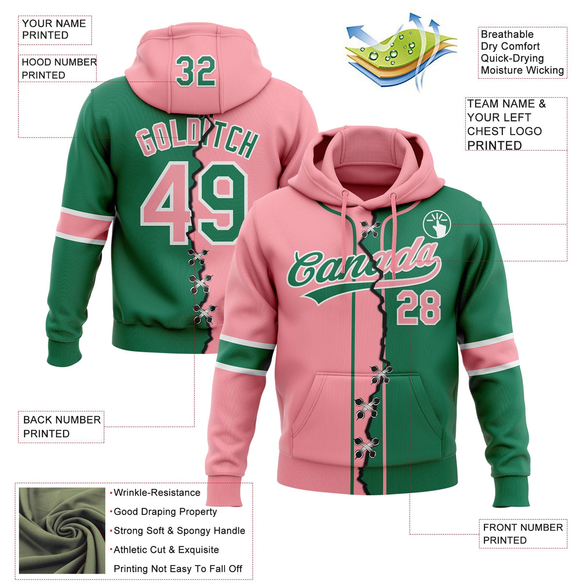 Custom Kelly Green Medium Pink-White Split Ripped Pattern Baseball Pullover Sweatshirt Hoodie