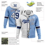 Custom Light Blue White-Navy Split Ripped Pattern Baseball Pullover Sweatshirt Hoodie