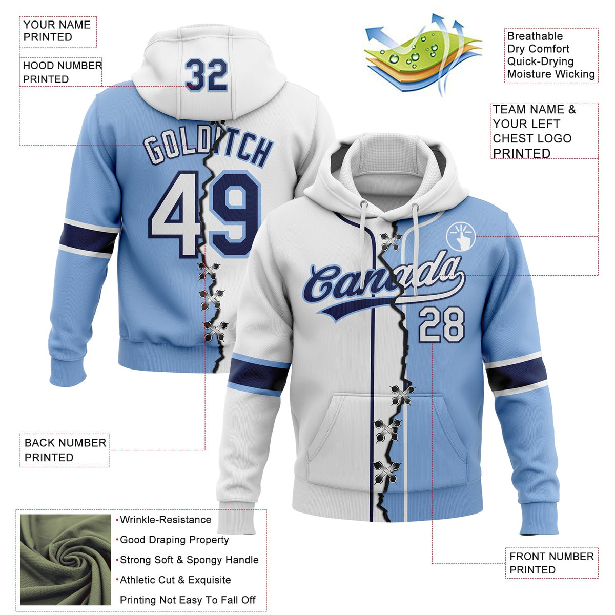 Custom Light Blue White-Navy Split Ripped Pattern Baseball Pullover Sweatshirt Hoodie