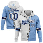 Custom Light Blue White-Navy Split Ripped Pattern Baseball Pullover Sweatshirt Hoodie