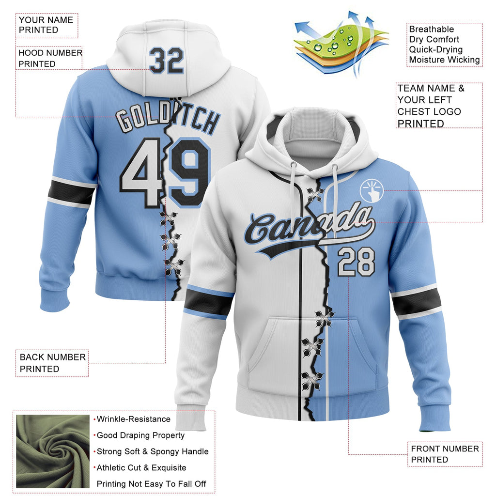 Custom Light Blue White-Black Split Ripped Pattern Baseball Pullover Sweatshirt Hoodie