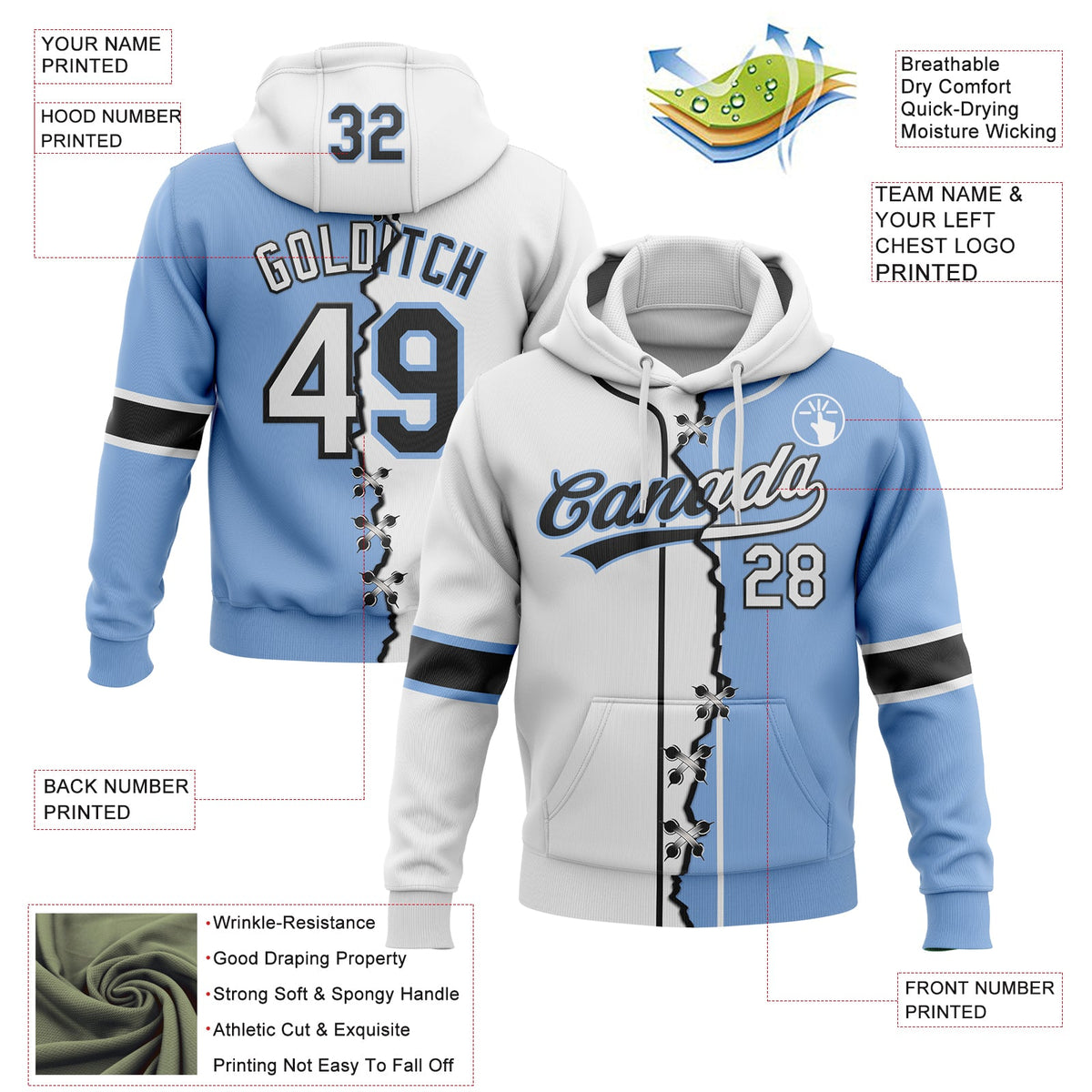 Custom Light Blue White-Black Split Ripped Pattern Baseball Pullover Sweatshirt Hoodie