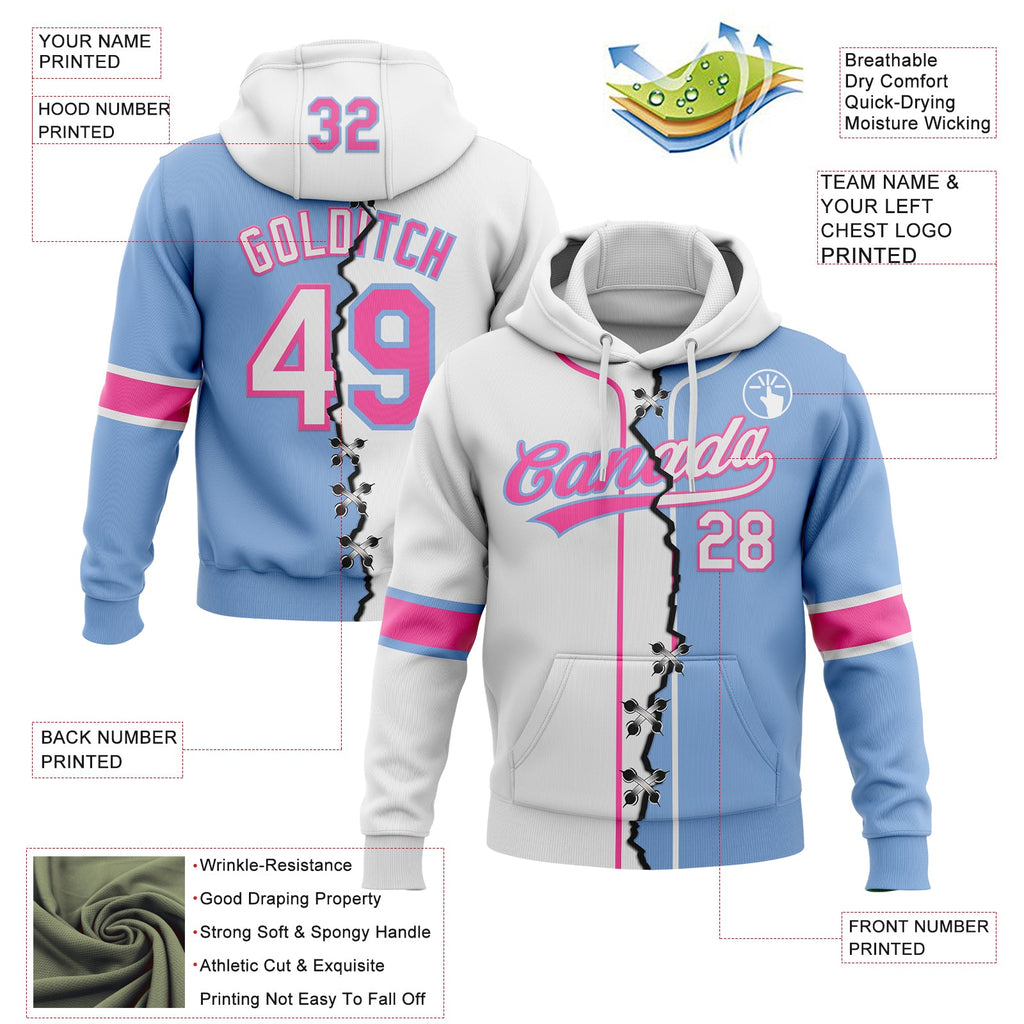 Custom Light Blue White-Pink Split Ripped Pattern Baseball Pullover Sweatshirt Hoodie