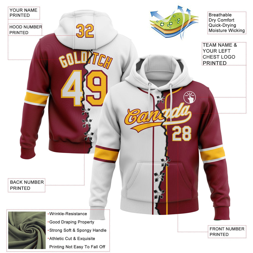 Custom Crimson White-Gold Split Ripped Pattern Baseball Pullover Sweatshirt Hoodie