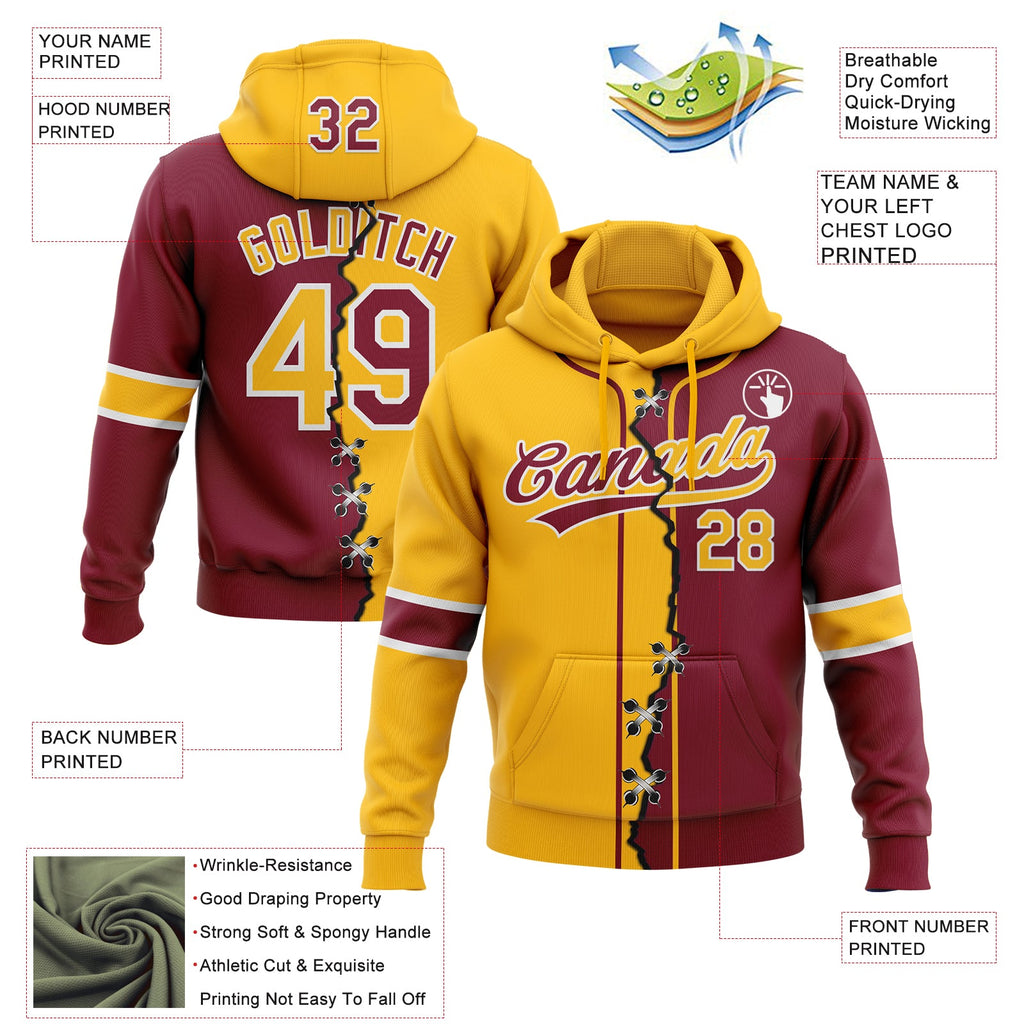 Custom Crimson Gold-White Split Ripped Pattern Baseball Pullover Sweatshirt Hoodie