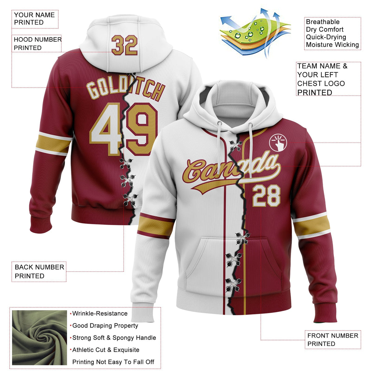 Custom Crimson White-Old Gold Split Ripped Pattern Baseball Pullover Sweatshirt Hoodie