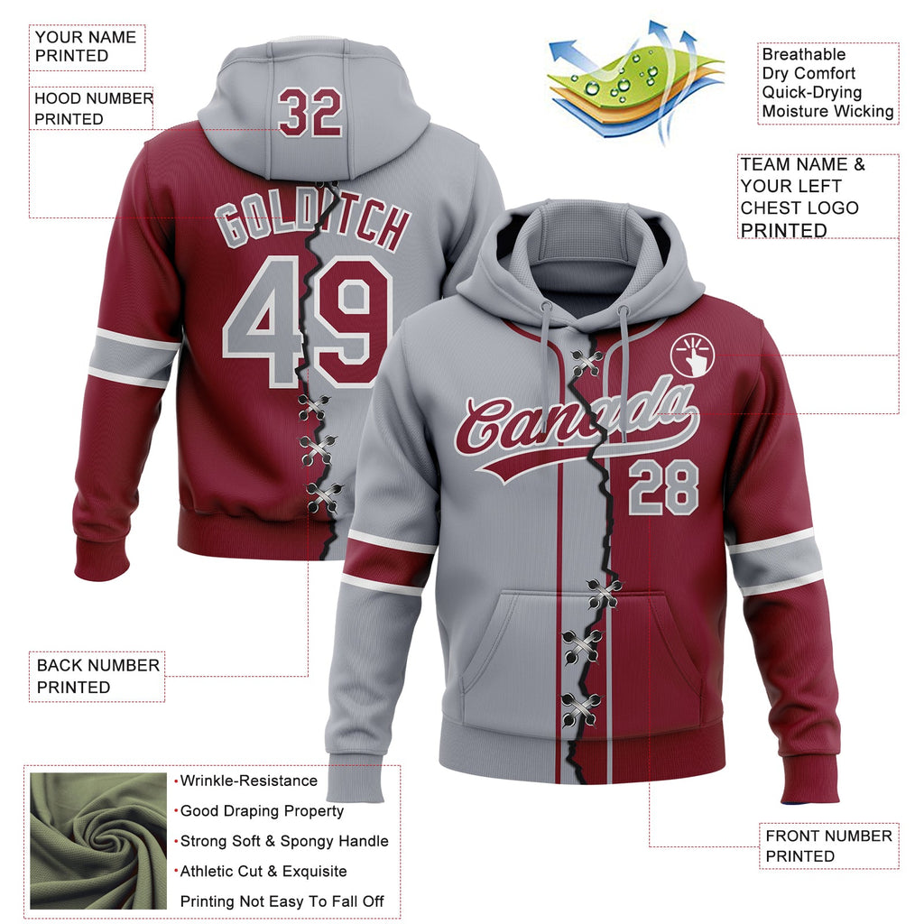 Custom Crimson Gray-White Split Ripped Pattern Baseball Pullover Sweatshirt Hoodie