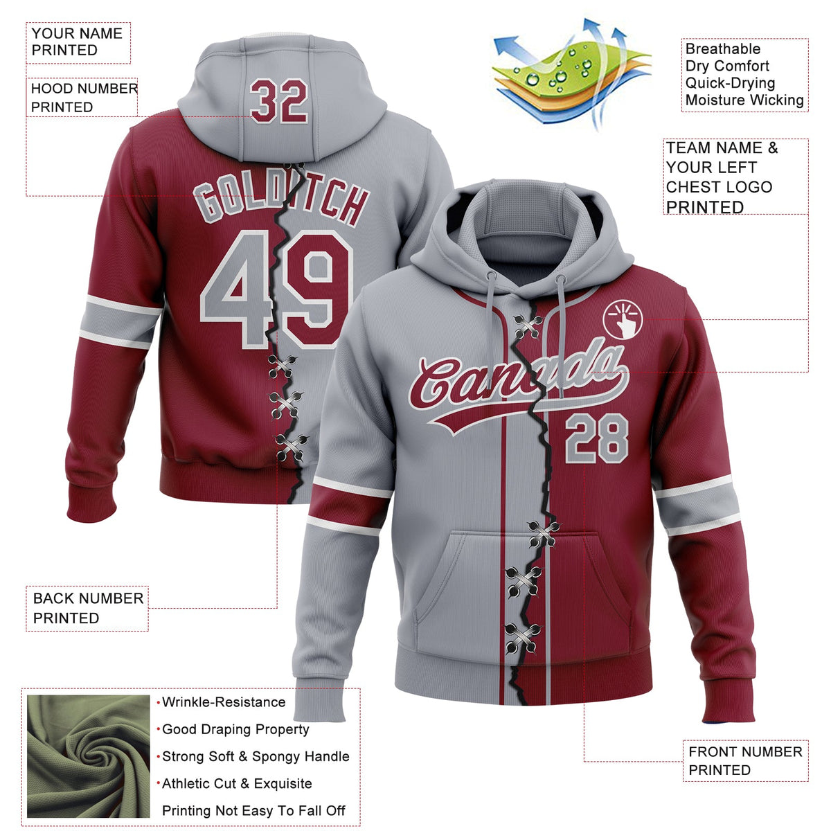 Custom Crimson Gray-White Split Ripped Pattern Baseball Pullover Sweatshirt Hoodie