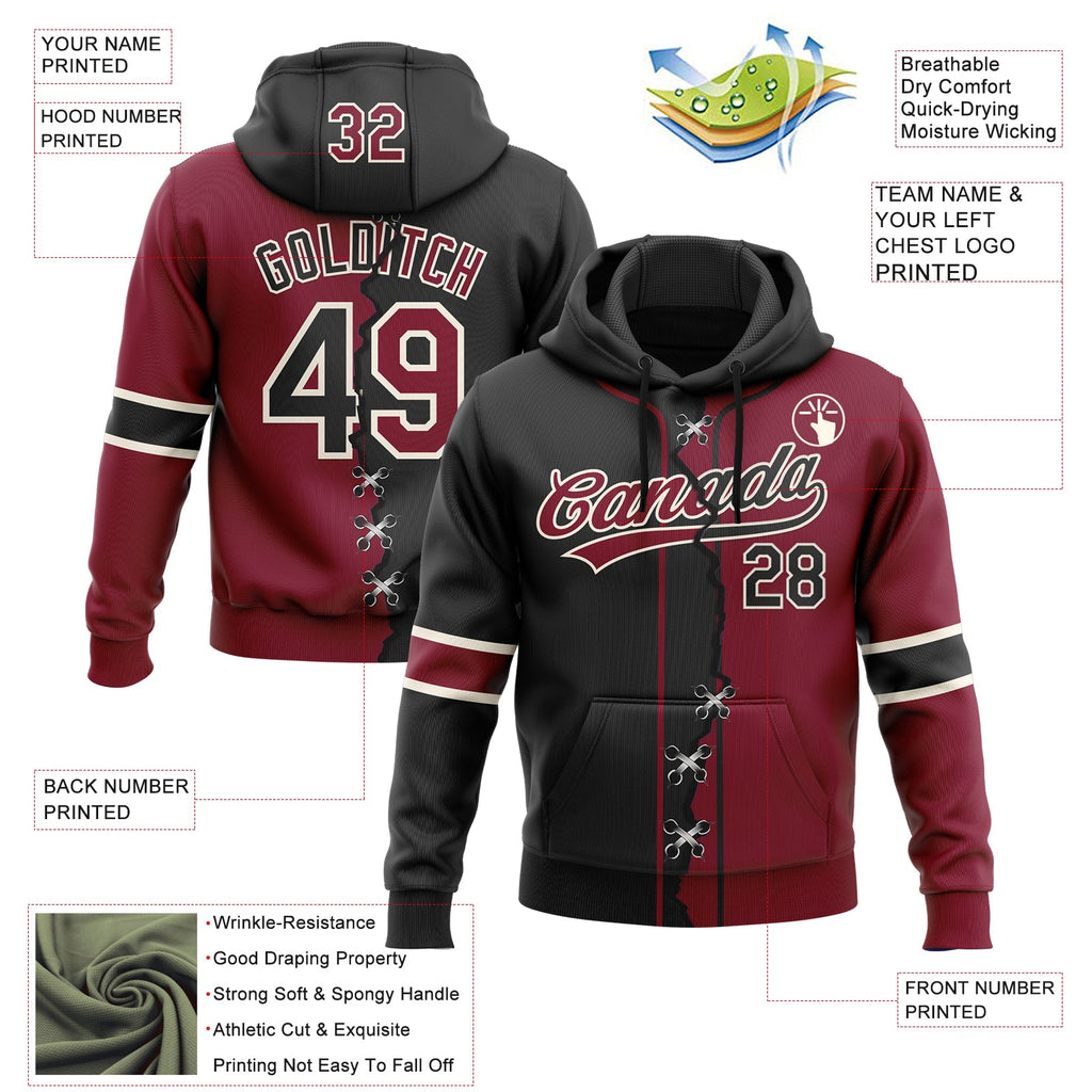 Custom Crimson Black-Cream Split Ripped Pattern Baseball Pullover Sweatshirt Hoodie