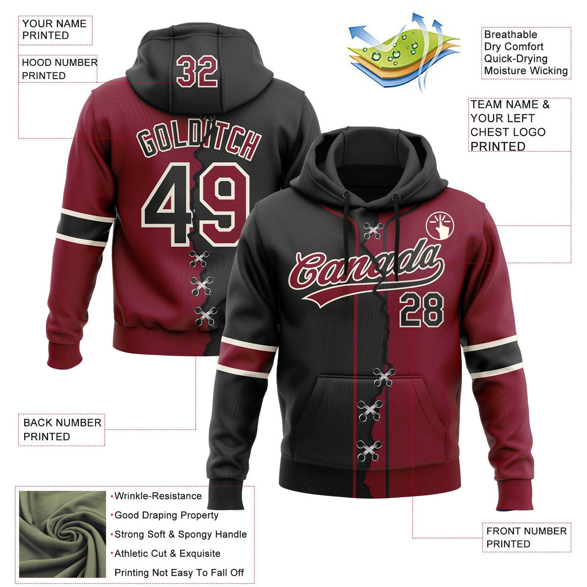 Custom Crimson Black-Cream Split Ripped Pattern Baseball Pullover Sweatshirt Hoodie