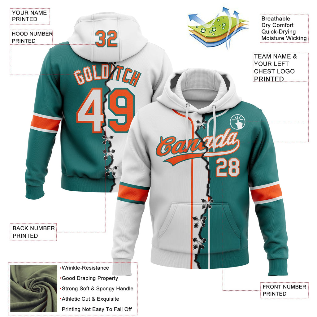 Custom Teal White-Orange Split Ripped Pattern Baseball Pullover Sweatshirt Hoodie
