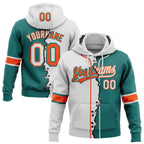 Custom Teal White-Orange Split Ripped Pattern Baseball Pullover Sweatshirt Hoodie