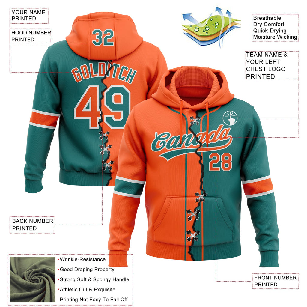Custom Teal Orange-White Split Ripped Pattern Baseball Pullover Sweatshirt Hoodie