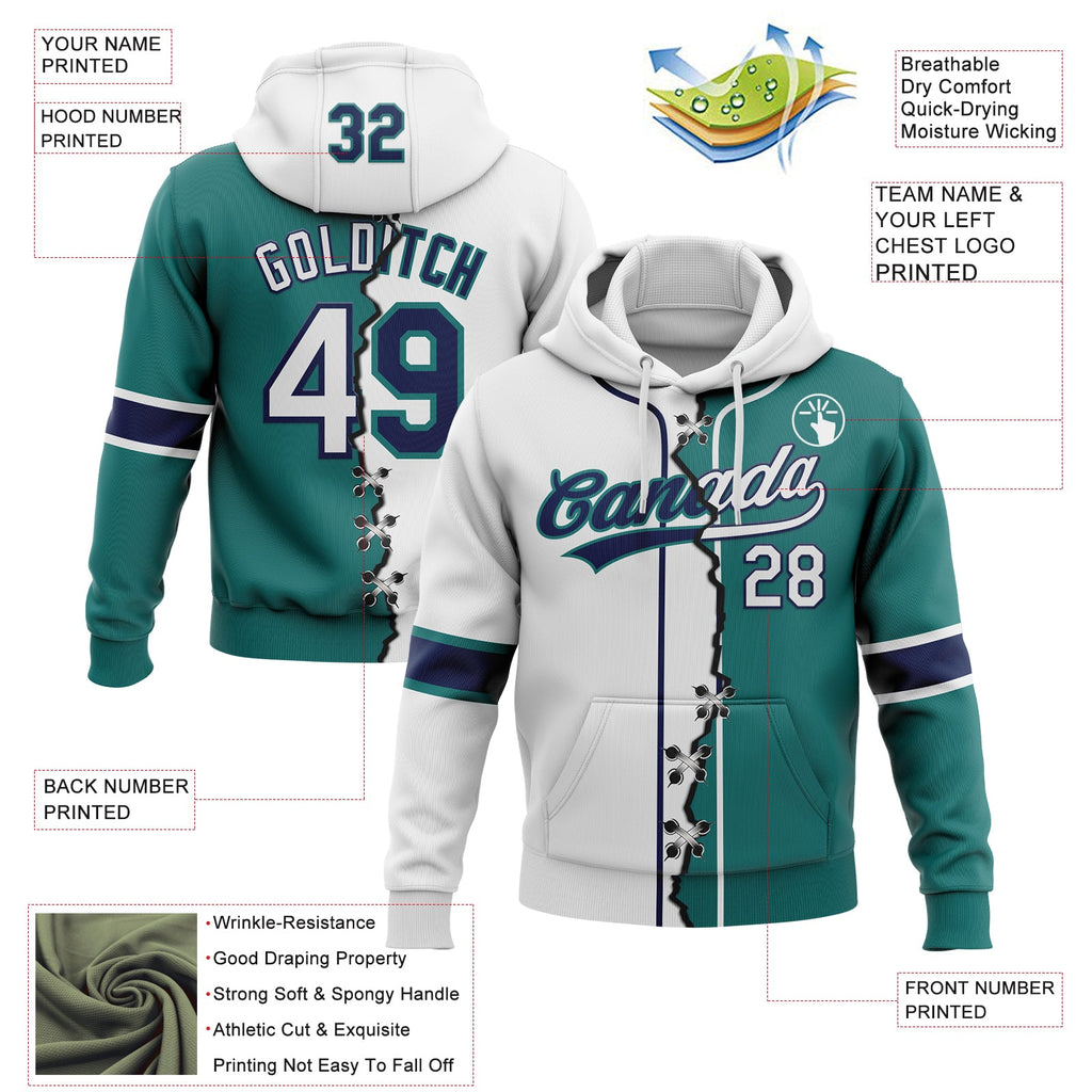 Custom Teal White-Navy Split Ripped Pattern Baseball Pullover Sweatshirt Hoodie