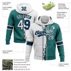 Custom Teal White-Navy Split Ripped Pattern Baseball Pullover Sweatshirt Hoodie