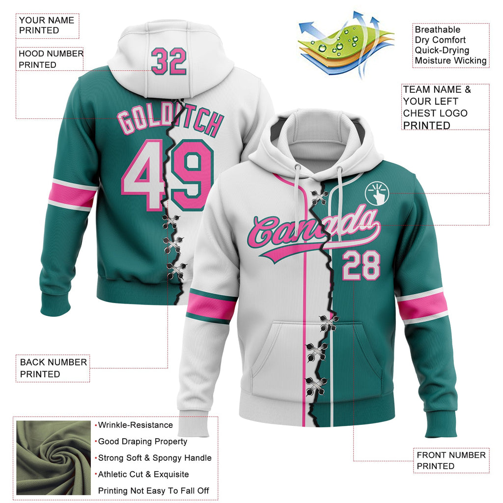 Custom Teal White-Pink Split Ripped Pattern Baseball Pullover Sweatshirt Hoodie